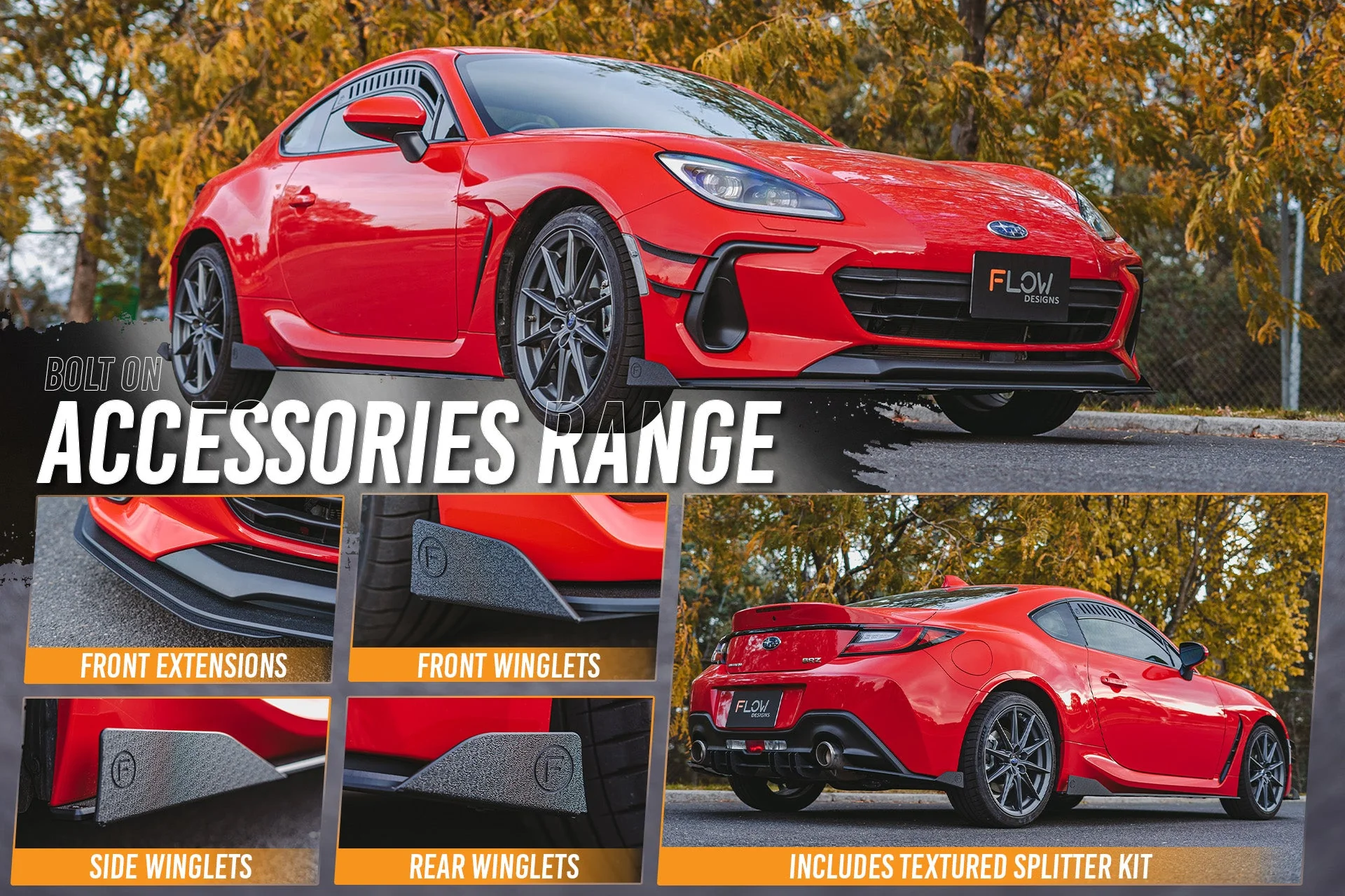 Flow Designs Subaru ZD8 BRZ 22+ & Toyota ZN8 GR86 22+ Full Lip Splitter Set [Textured Matte Black] - Image 3