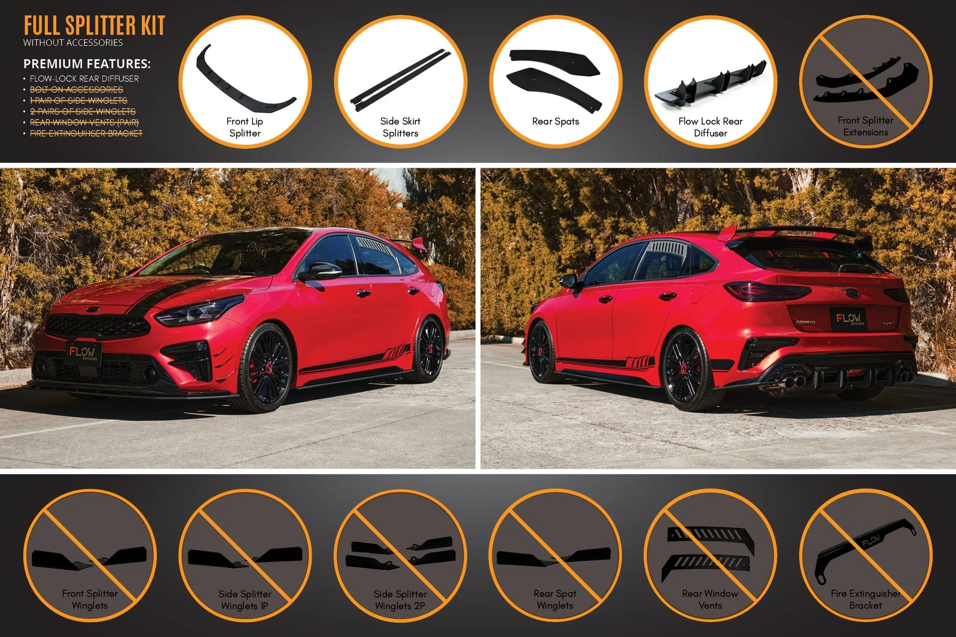 Flow Designs Kia Cerato GT Hatch PFL Full Lip Splitter Set - Image 2