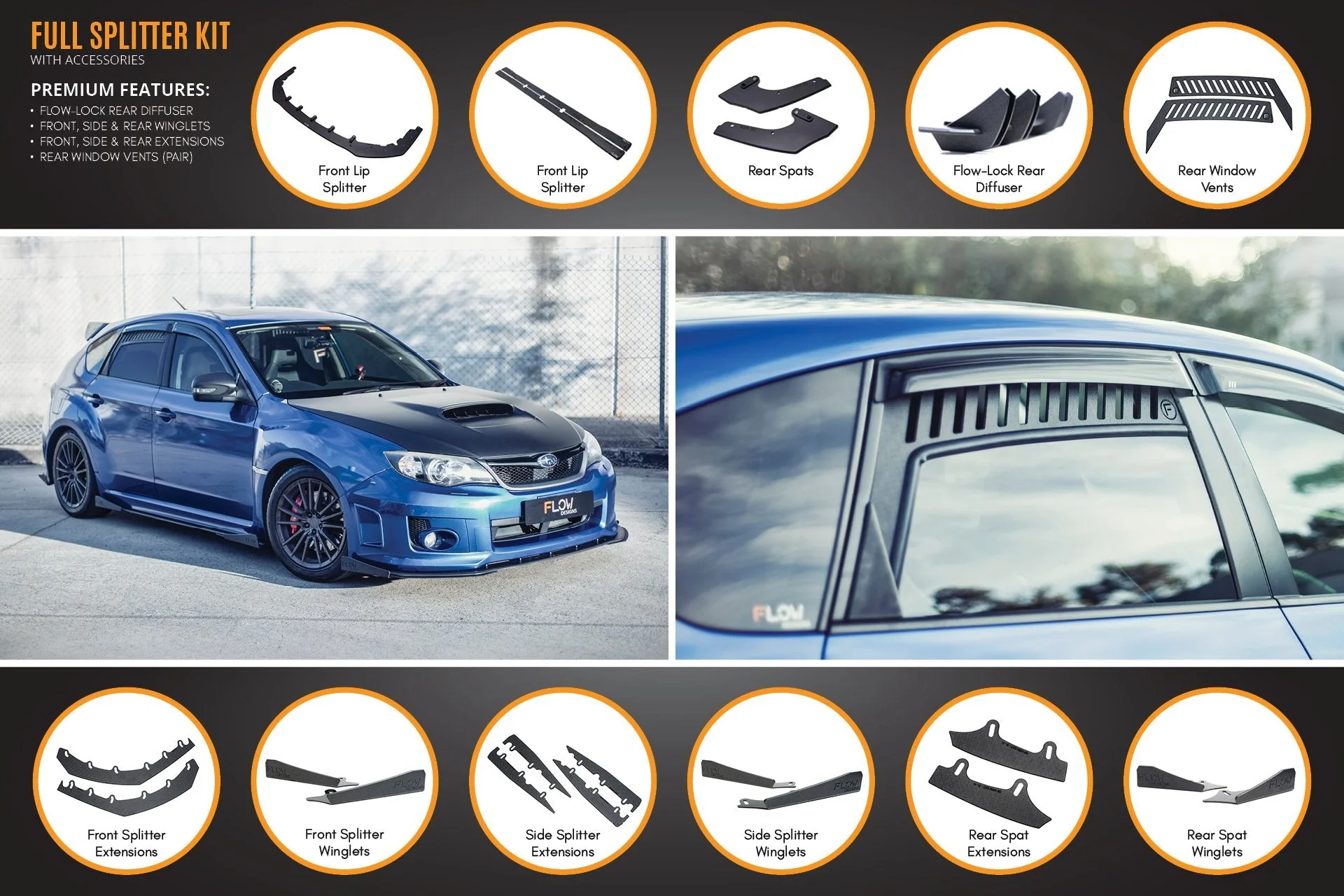 Flow Designs Subaru Impreza G3 WRX/STi Hatch FL Full Lip Splitter Set - Image 5