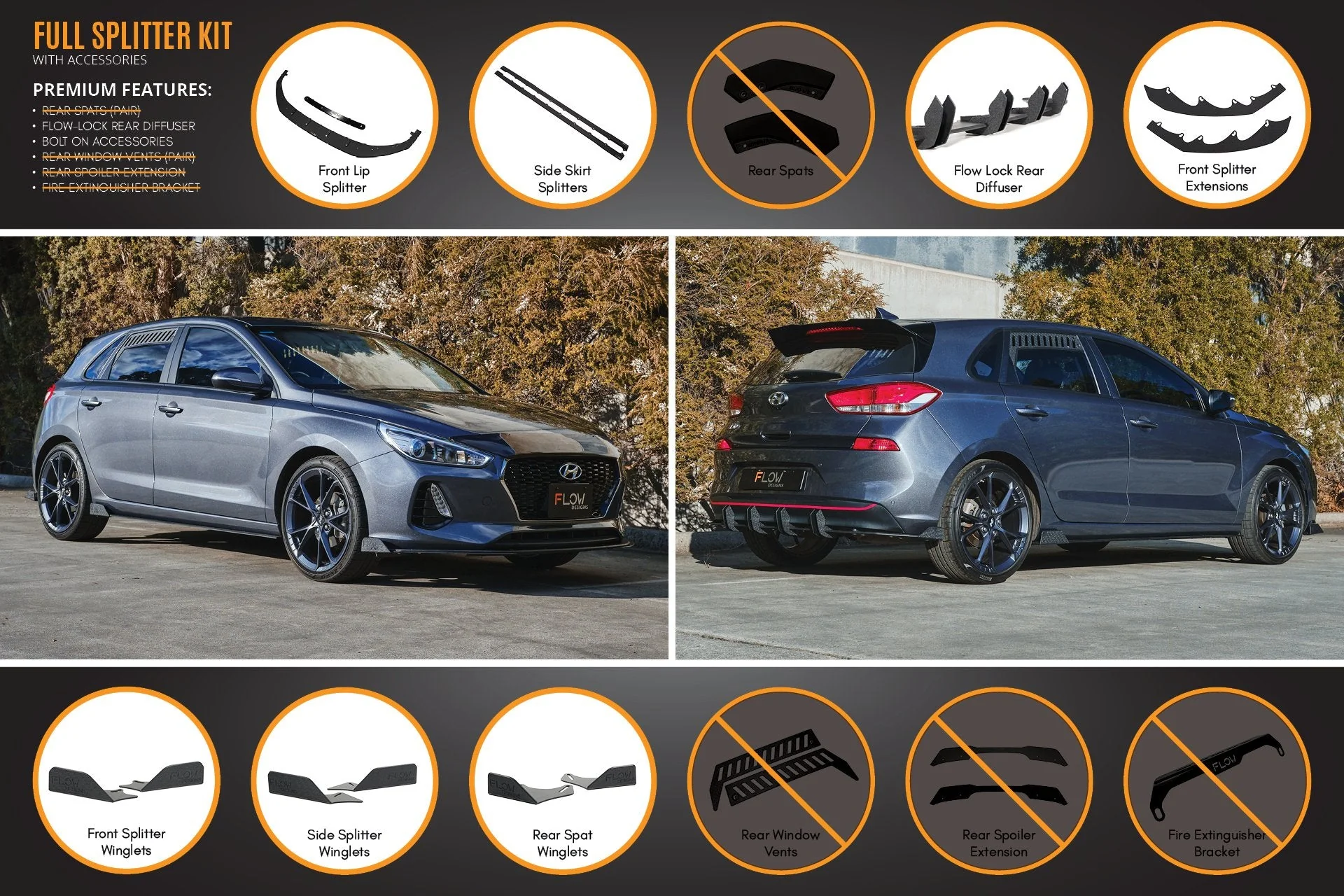 Flow Designs Hyundai i30 Hatch PD1, PD2 (2018-2020) Full Lip Splitter Set with Flow-Lock Rear Diffuser - Image 10