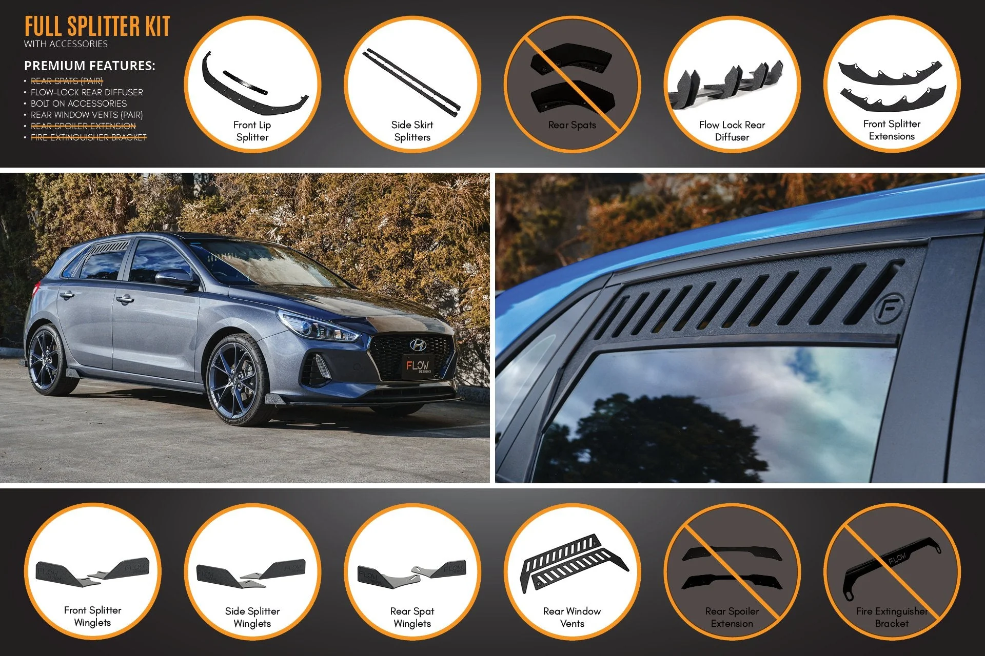 Flow Designs Hyundai i30 Hatch PD1, PD2 (2018-2020) Full Lip Splitter Set with Flow-Lock Rear Diffuser - Image 11