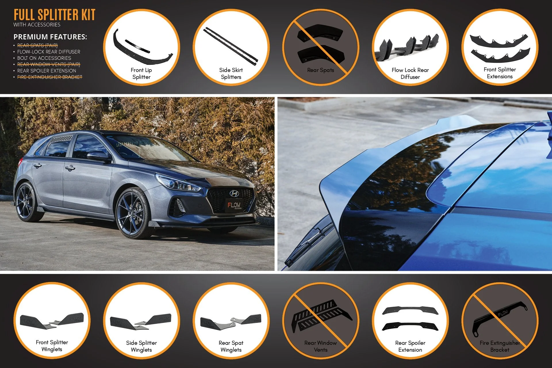 Flow Designs Hyundai i30 Hatch PD1, PD2 (2018-2020) Full Lip Splitter Set with Flow-Lock Rear Diffuser - Image 12