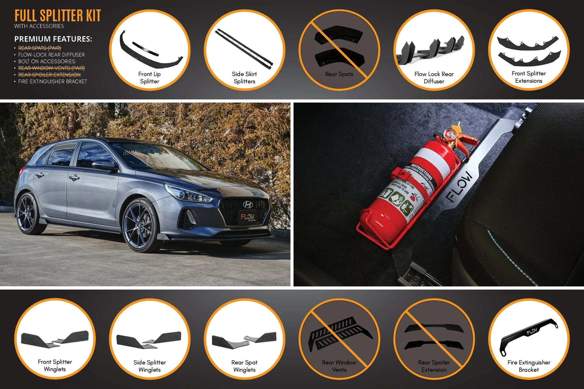 Flow Designs Hyundai i30 Hatch PD1, PD2 (2018-2020) Full Lip Splitter Set with Flow-Lock Rear Diffuser - Image 13
