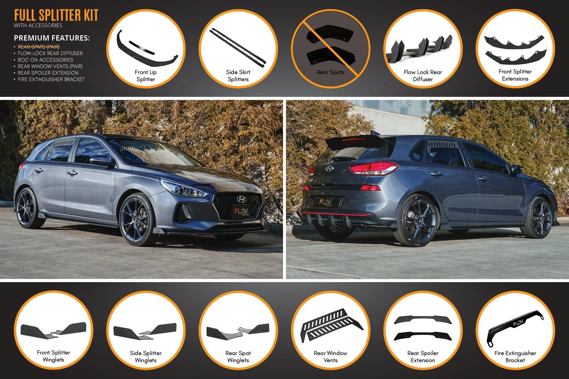Flow Designs Hyundai i30 Hatch PD1, PD2 (2018-2020) Full Lip Splitter Set with Flow-Lock Rear Diffuser - Image 17