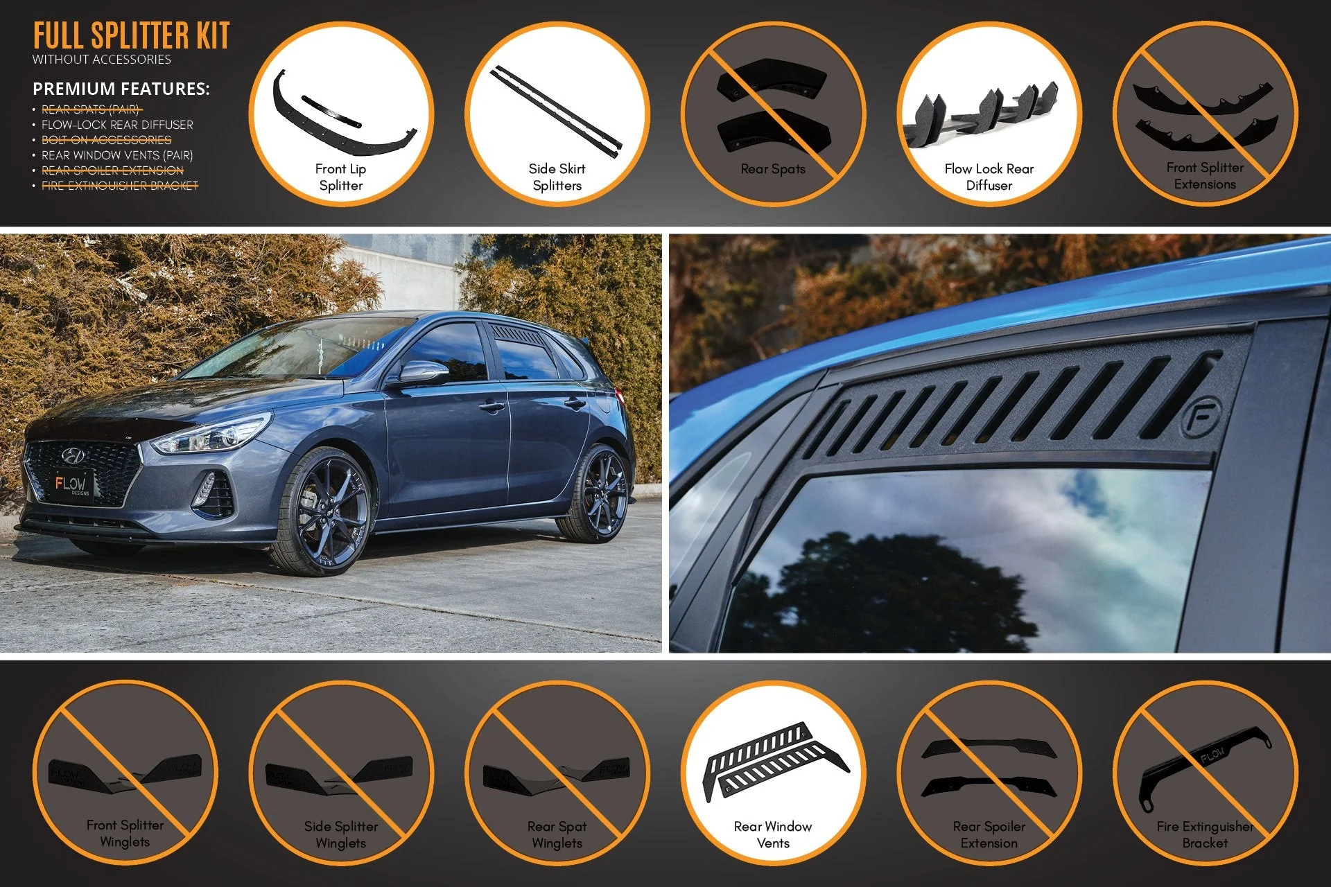 Flow Designs Hyundai i30 Hatch PD1, PD2 (2018-2020) Full Lip Splitter Set with Flow-Lock Rear Diffuser - Image 3