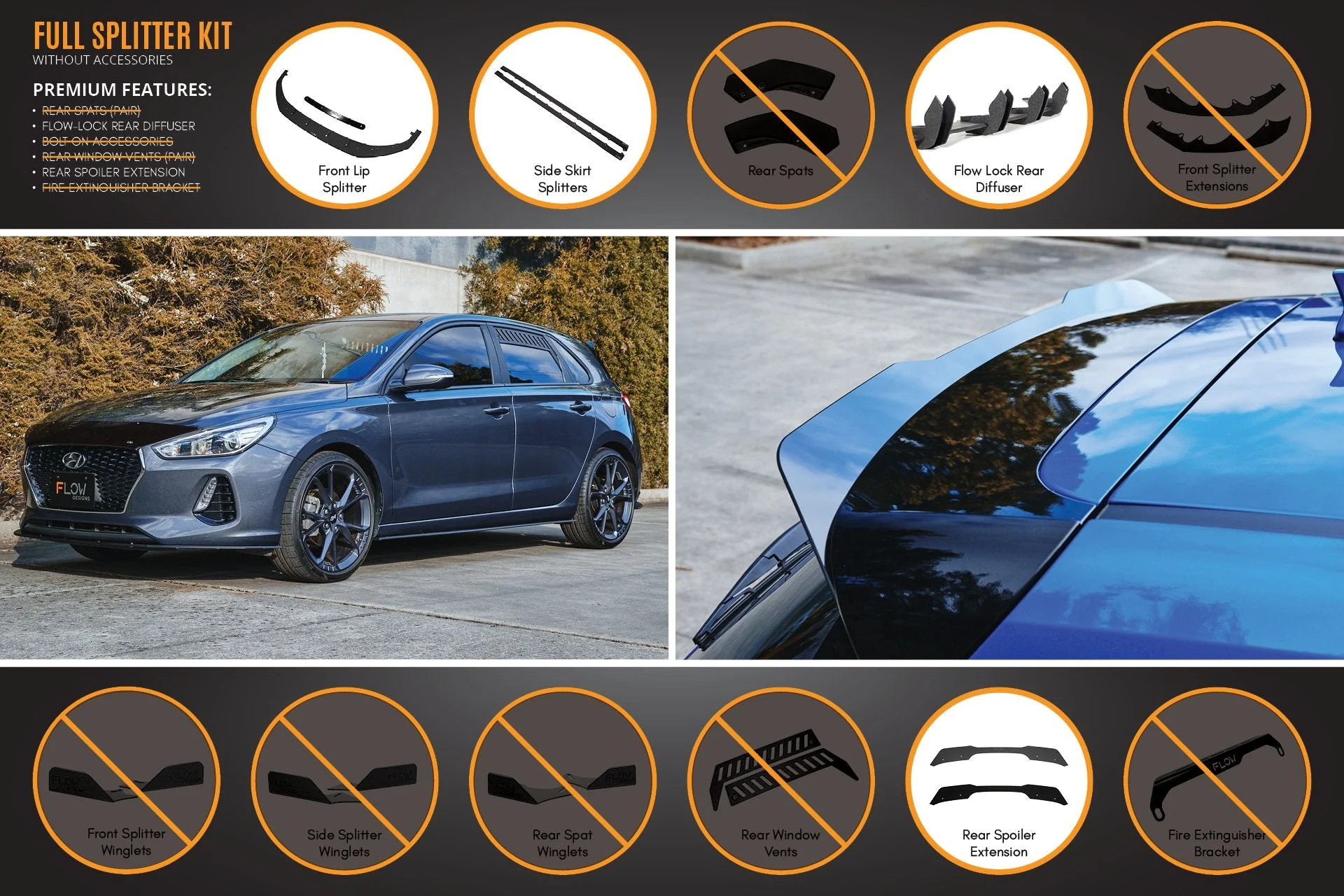 Flow Designs Hyundai i30 Hatch PD1, PD2 (2018-2020) Full Lip Splitter Set with Flow-Lock Rear Diffuser - Image 4