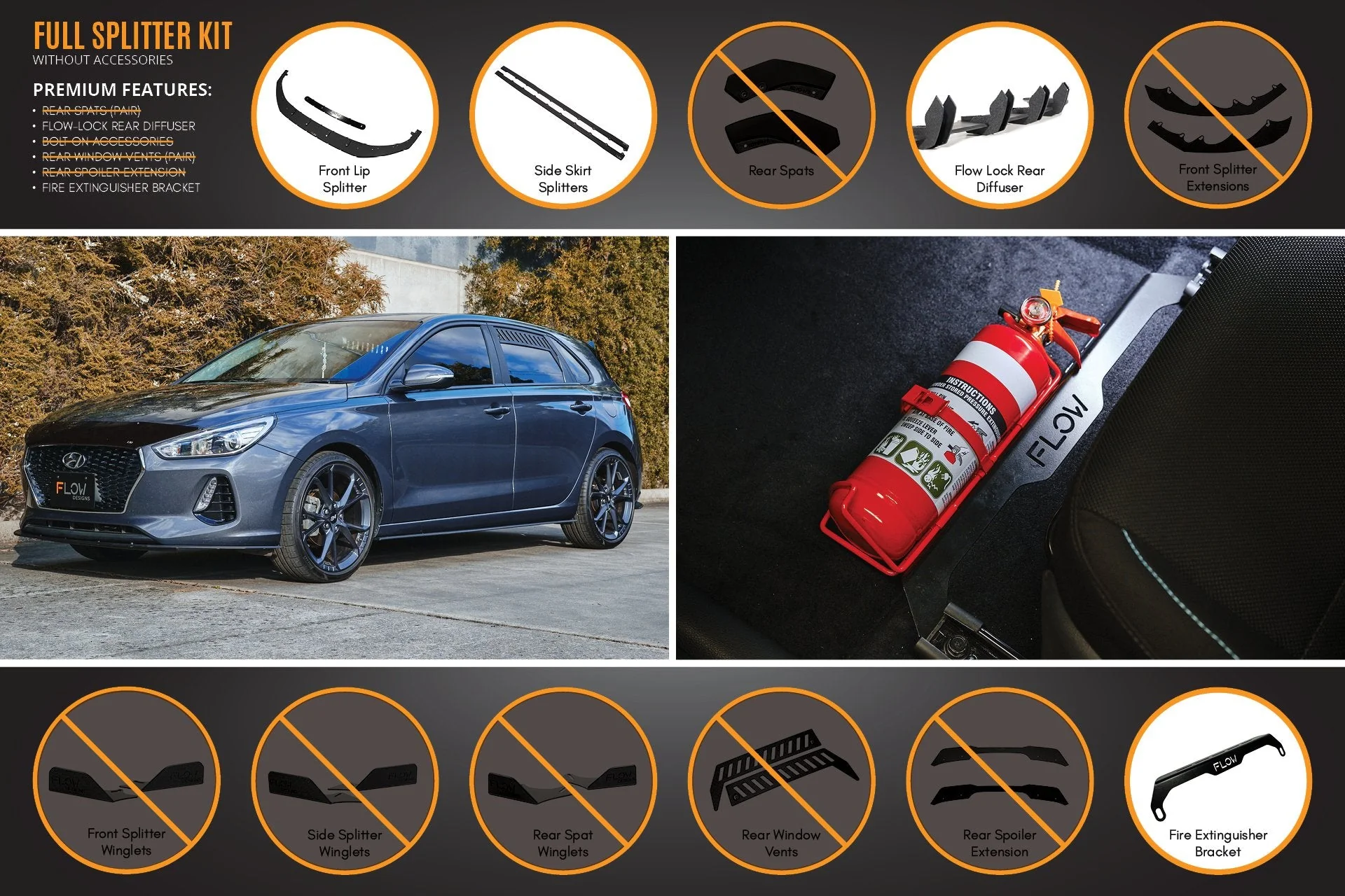Flow Designs Hyundai i30 Hatch PD1, PD2 (2018-2020) Full Lip Splitter Set with Flow-Lock Rear Diffuser - Image 5
