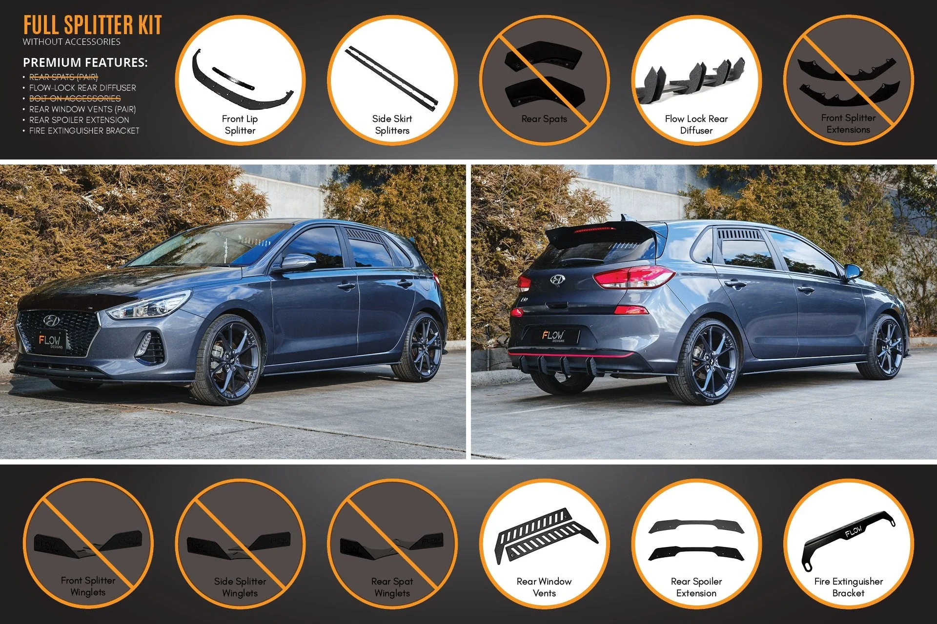 Flow Designs Hyundai i30 Hatch PD1, PD2 (2018-2020) Full Lip Splitter Set with Flow-Lock Rear Diffuser - Image 9