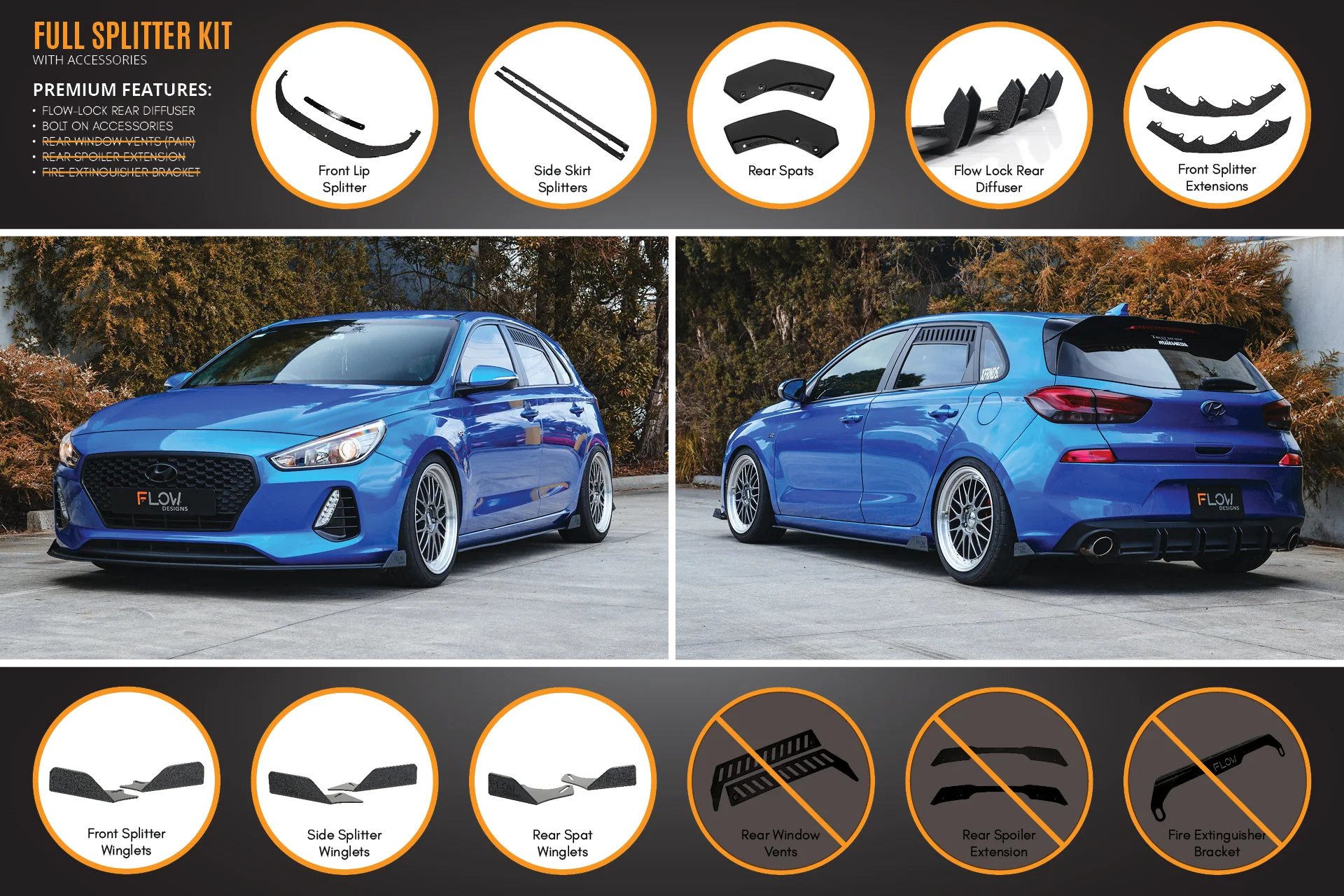 Flow Designs Hyundai i30 SR Hatch (2017-2018) Full Lip Splitter Set - Image 10