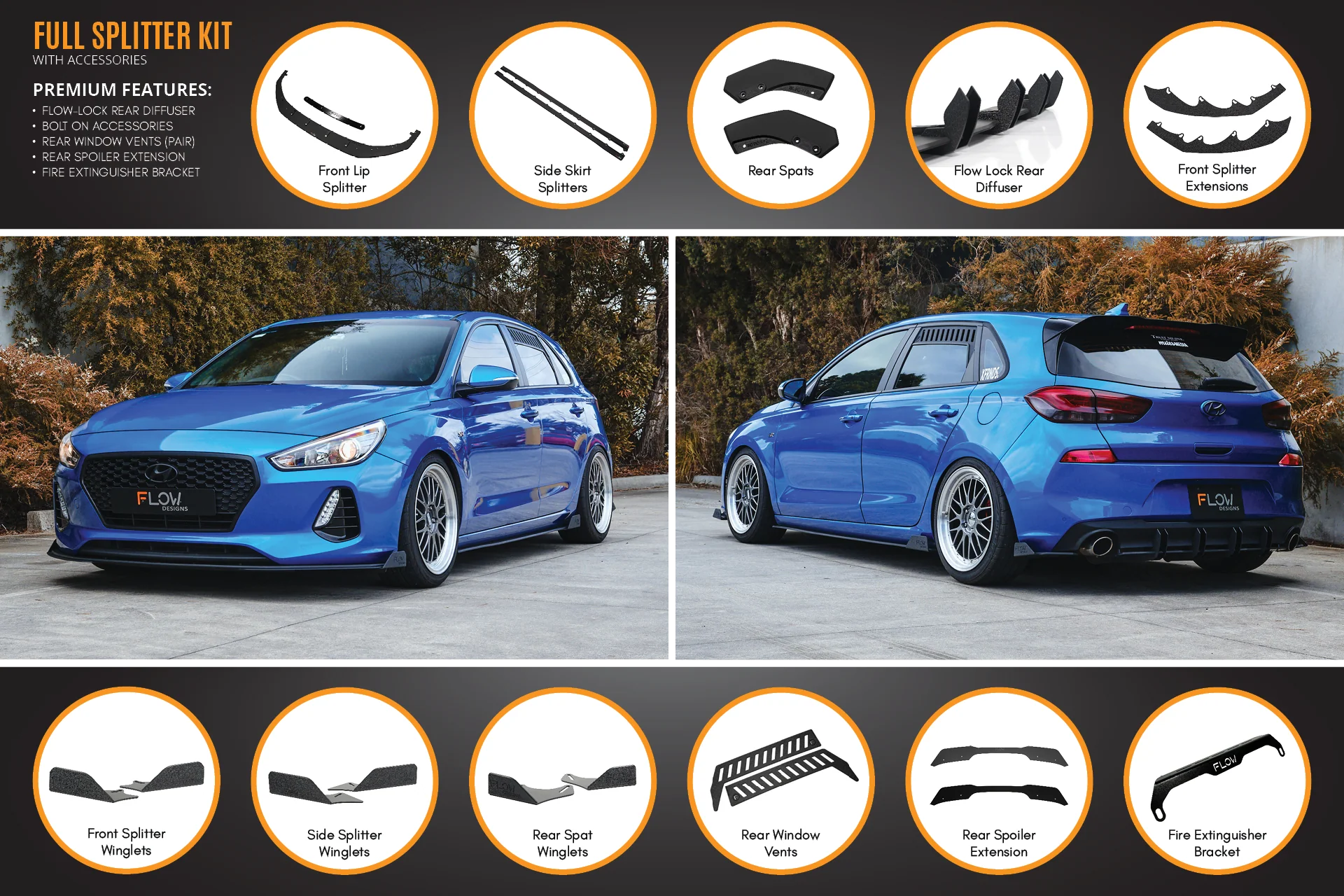 Flow Designs Hyundai i30 SR Hatch (2017-2018) Full Lip Splitter Set - Image 17