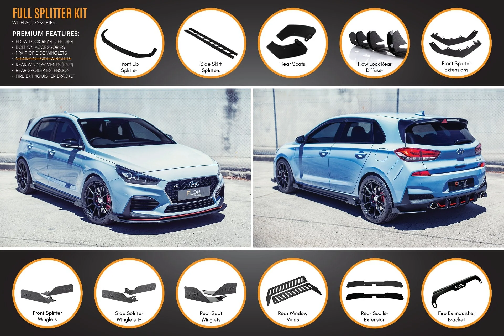 Flow Designs Hyundai i30N Hatch PD (2018-2020) Full Lip Splitter Set - Image 17