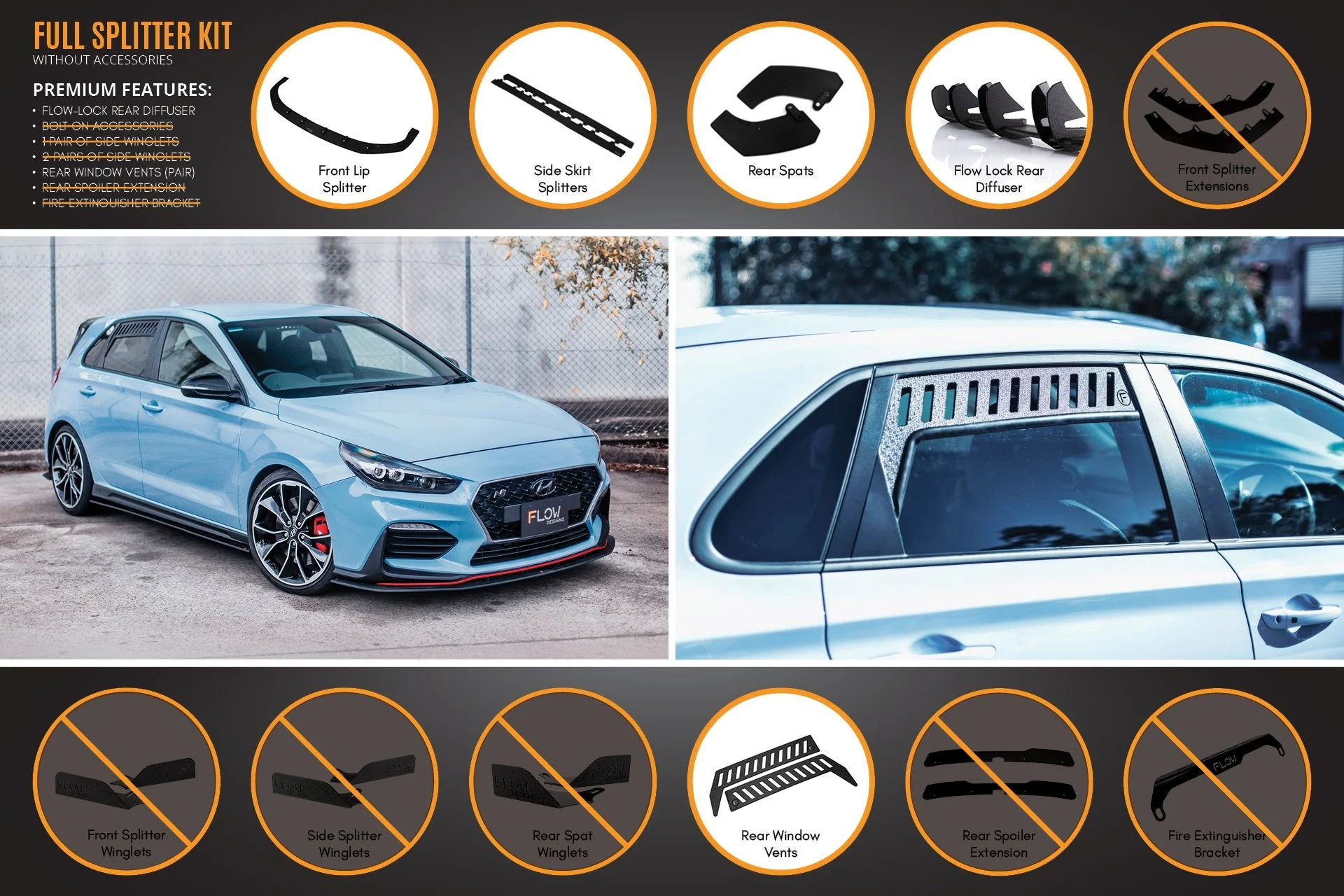 Flow Designs Hyundai i30N Hatch PD (2018-2020) Full Lip Splitter Set - Image 3