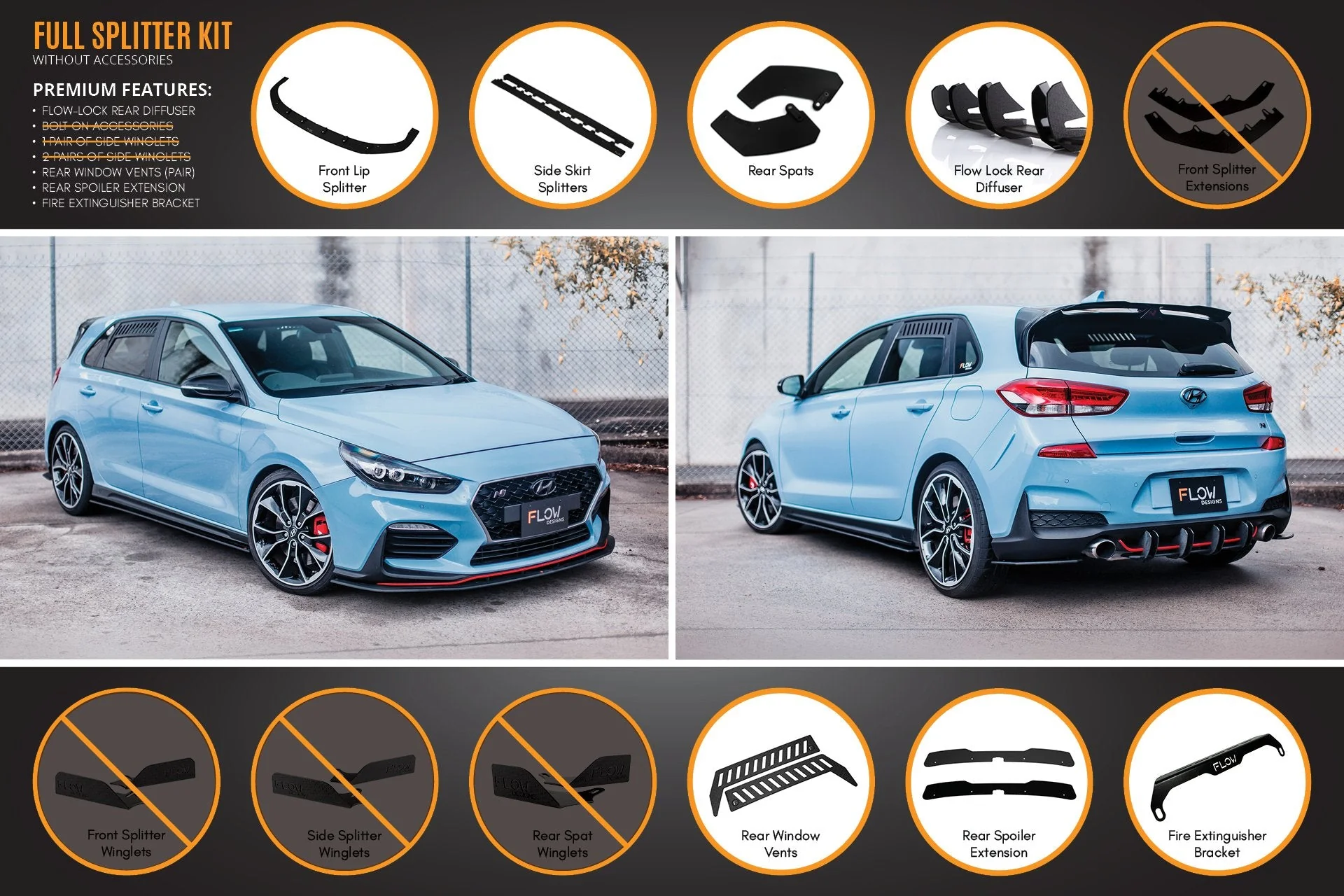 Flow Designs Hyundai i30N Hatch PD (2018-2020) Full Lip Splitter Set - Image 9
