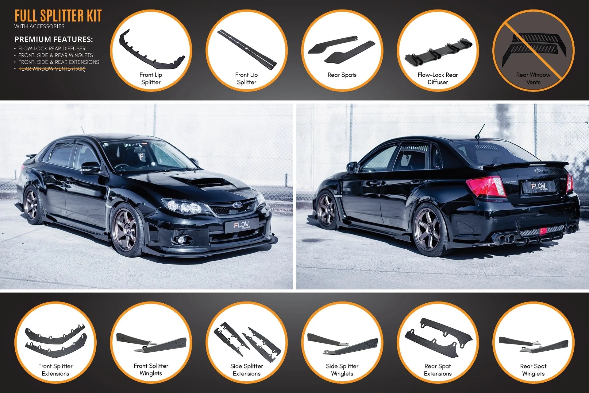 Flow Designs Subaru Impreza G3 WRX/RS Sedan PFL Full Lip Splitter Set - Image 4