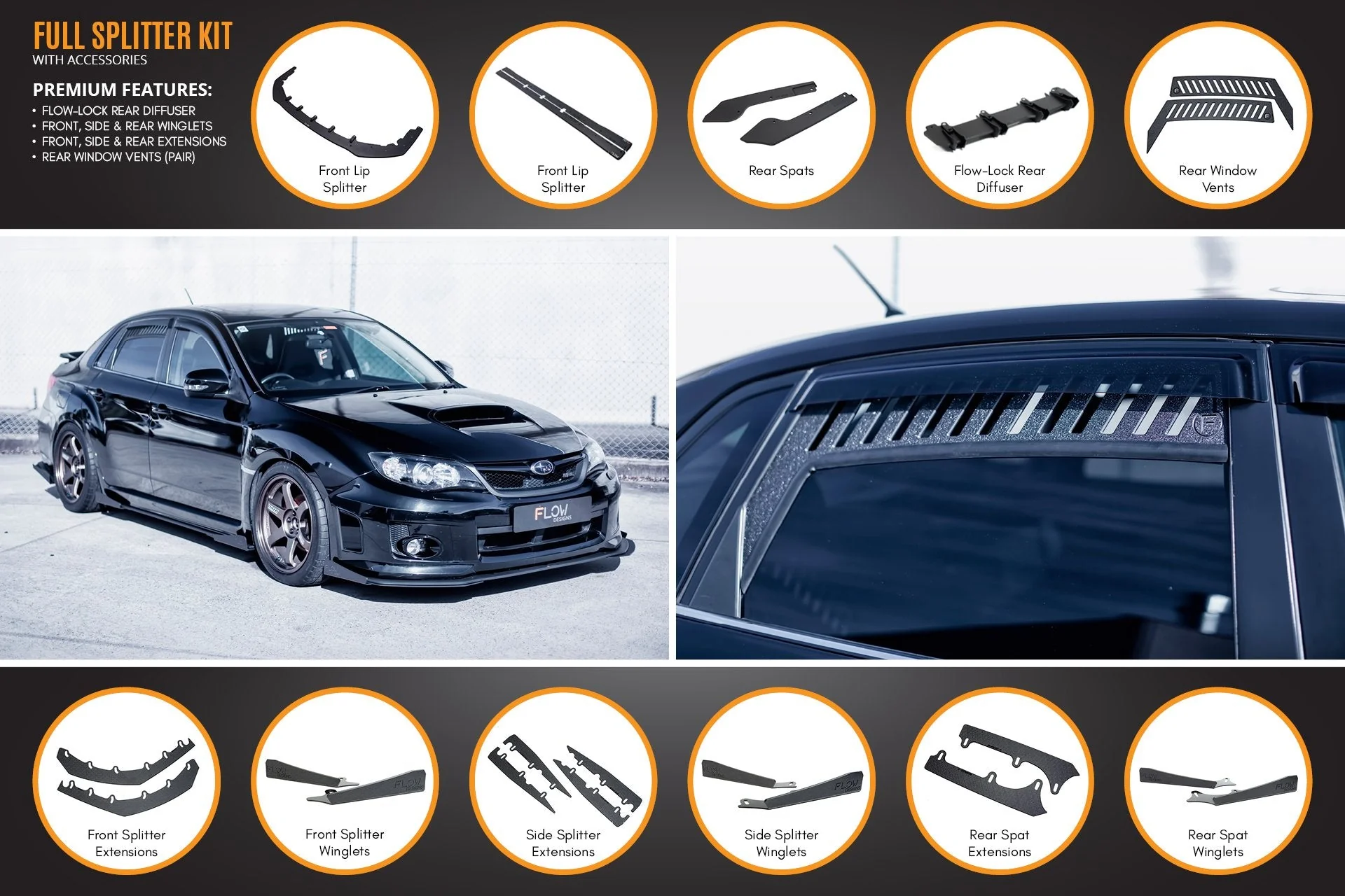 Flow Designs Subaru Impreza G3 WRX/RS Sedan PFL Full Lip Splitter Set - Image 5