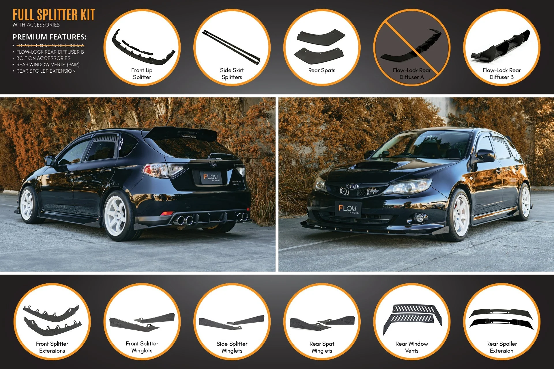 Flow Designs Subaru Impreza G3 WRX/RS Hatch PFL Full Lip Splitter Set - Image 17