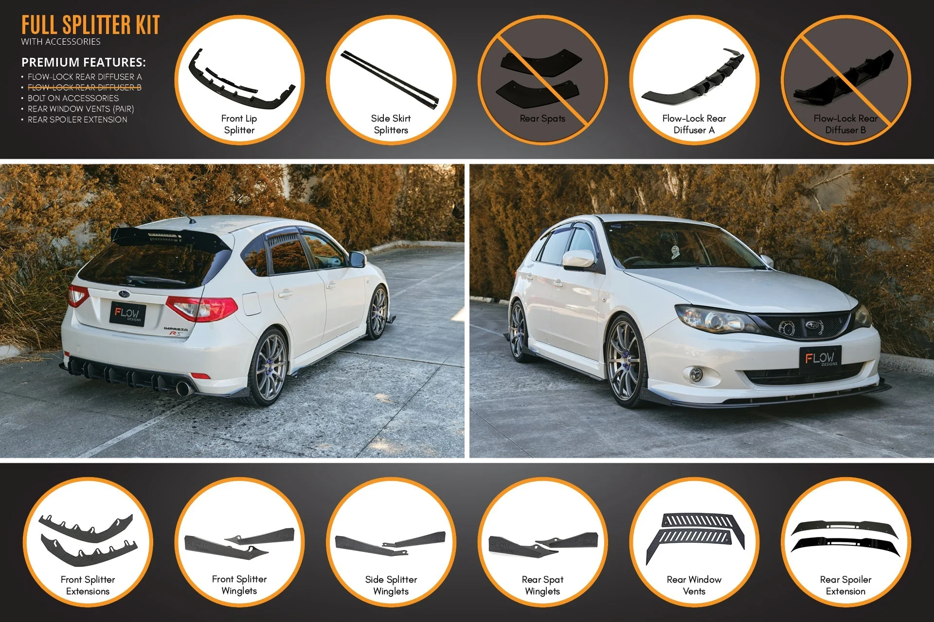 Flow Designs Subaru Impreza G3 WRX/RS Hatch PFL Full Lip Splitter Set - Image 9